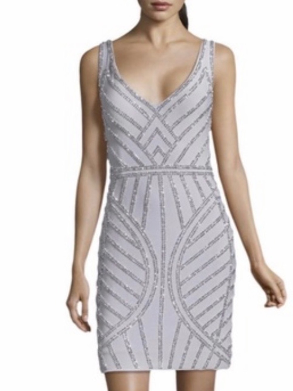 HOCO Xscape silver beaded slinky bodycon neck dress size 4
